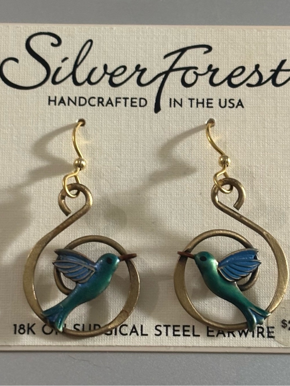 Silver Forest Gold-Tone Earrings with Blue and Green Hummingbirds